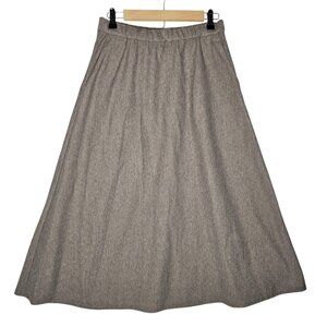 MUJI Full A-Line Brushed Cotton Blend Midi Skirt Pockets Beige Taupe Sz M